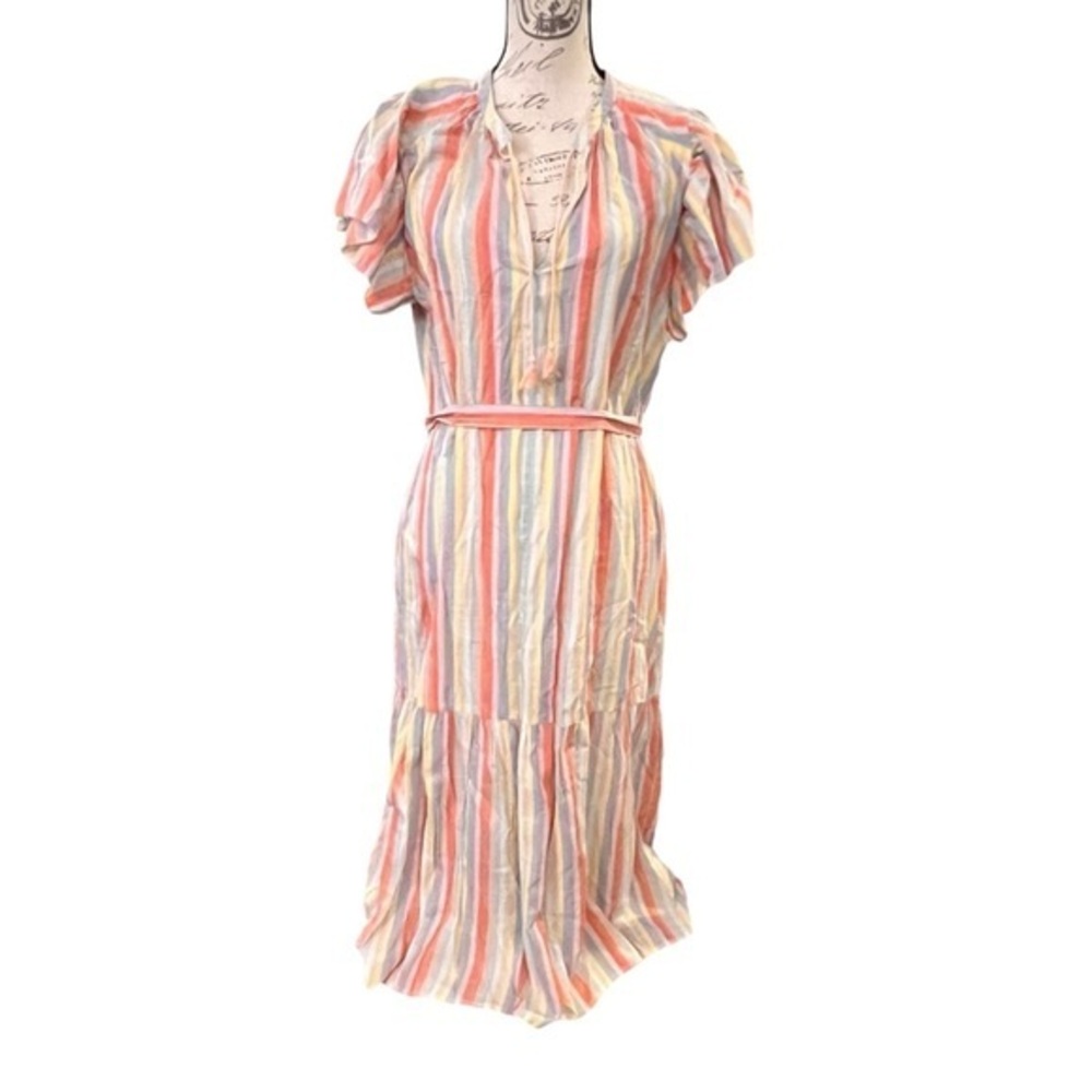 TROVATA Birds of Paradis Midi Dress Size Medium Striped Tassels Boho Tiered EUC